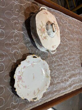 P&B Limoges Vintage Porcelain Pink Floral Serving Set Gold Gilt